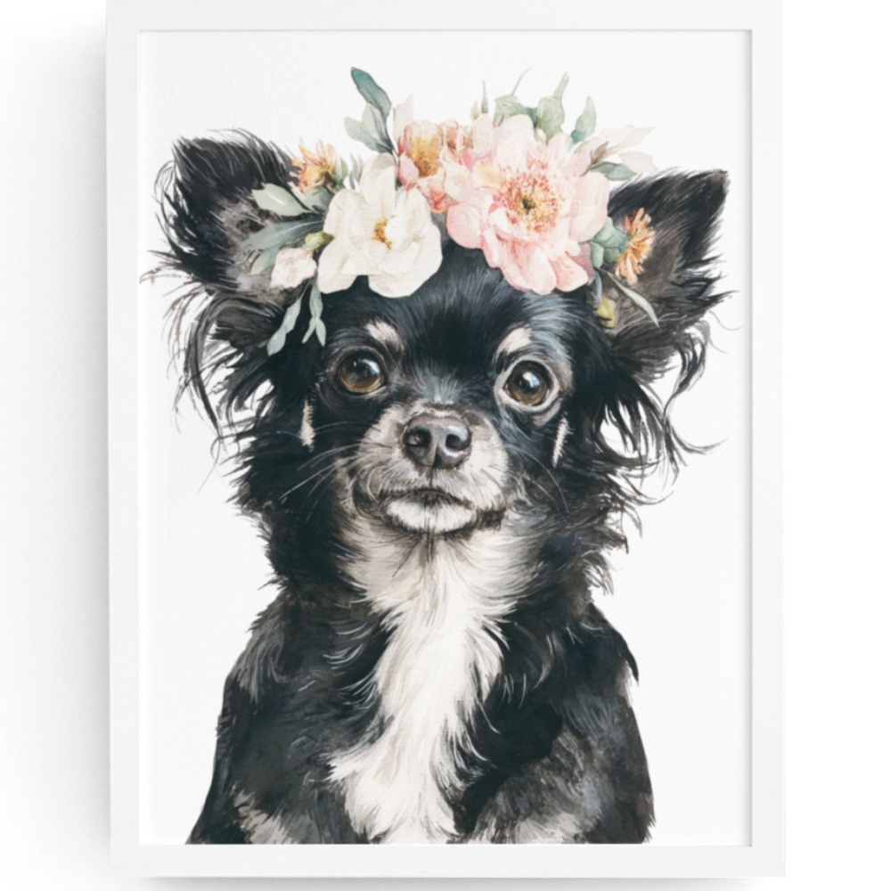 Watercolor Black Chihuahua with Flowers Portrait Wall Art Print Poster Unframed